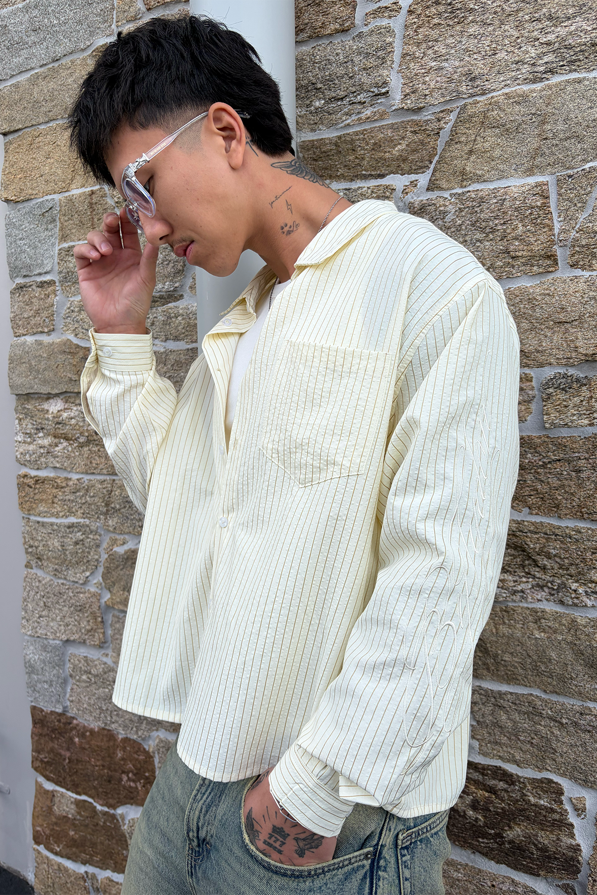 Striped Long Sleeve Shirt - Beige