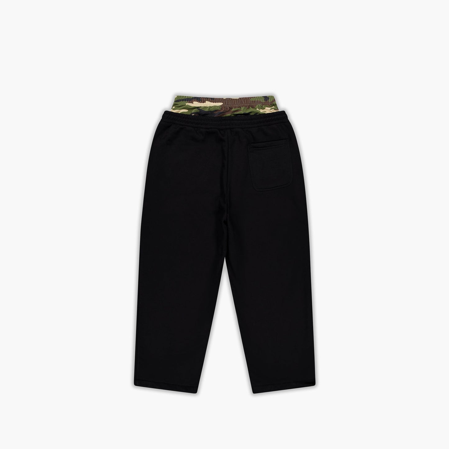 Black pants with a camouflage waistband on a white background
