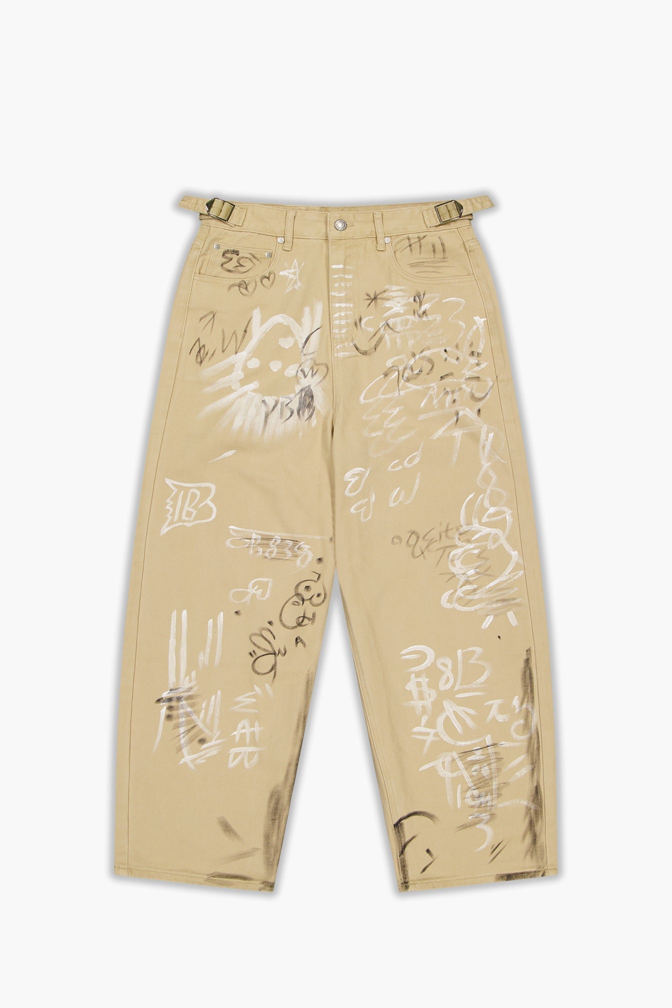 Beige pants with white graphics on a white background