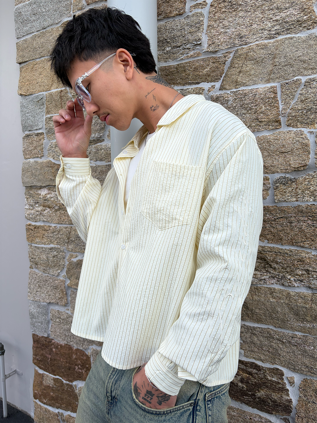 Striped Long Sleeve Shirt - Beige