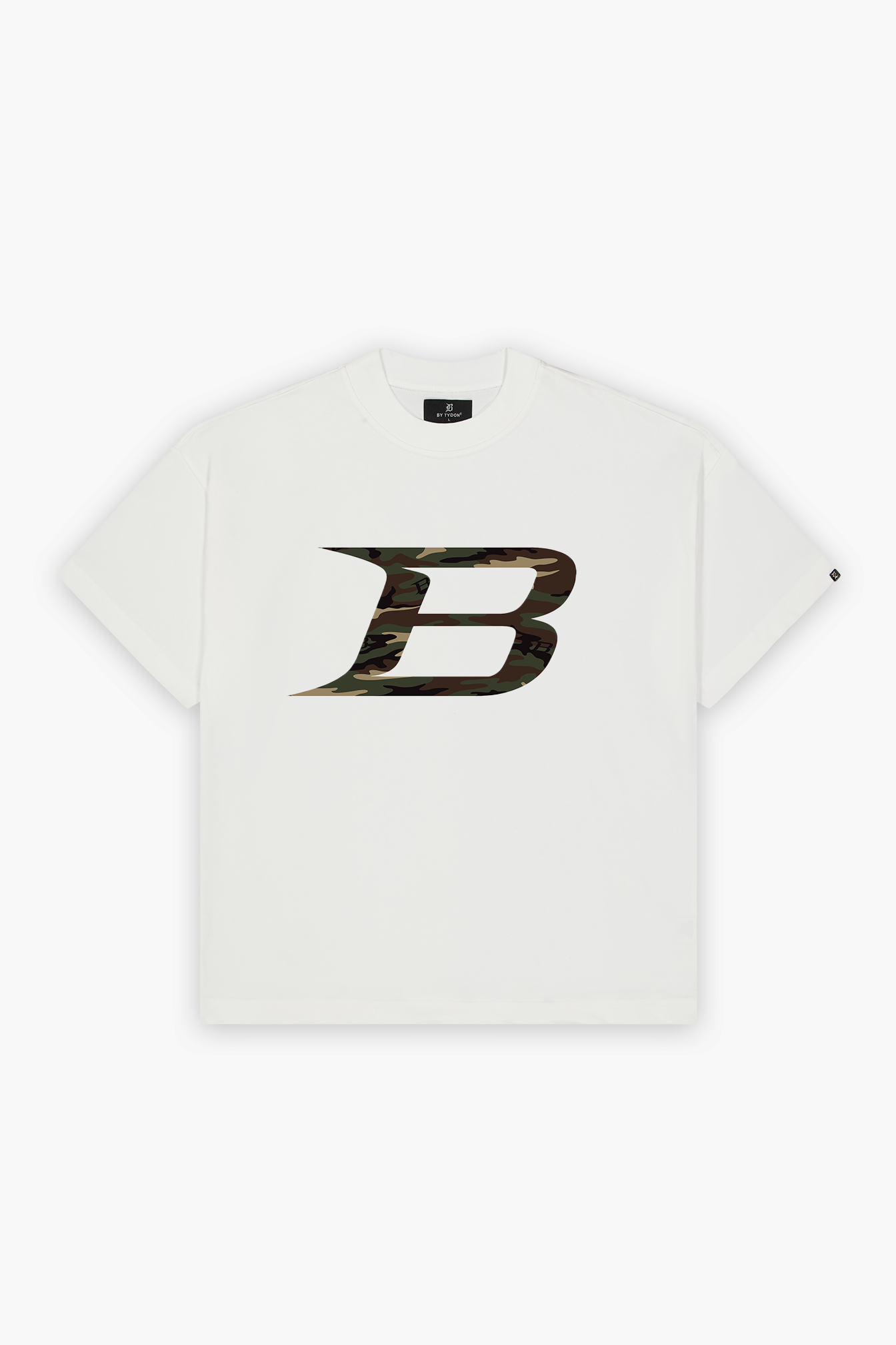 White t-shirt with a black logo on a white background