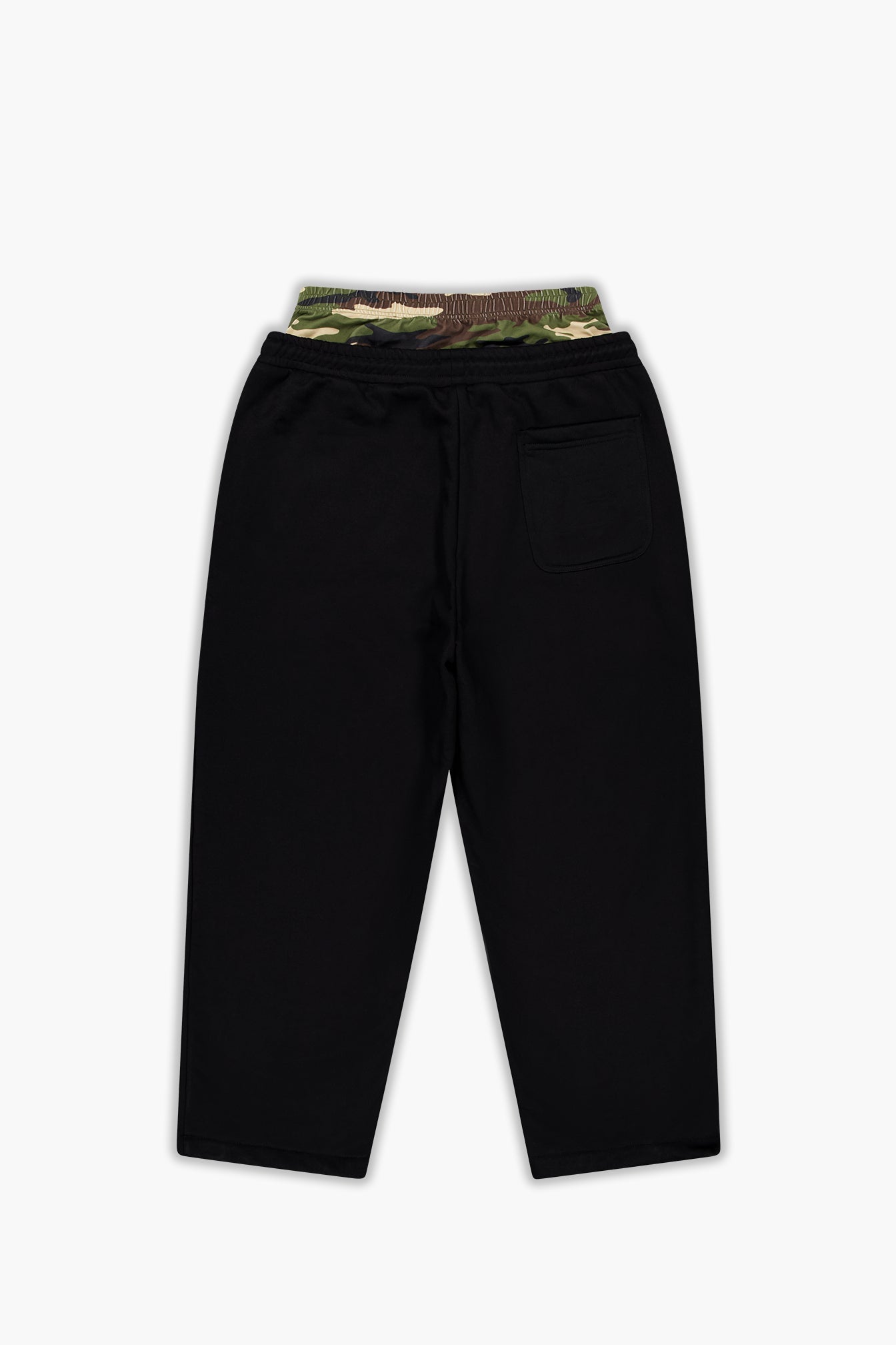 Black pants with a camouflage waistband on a white background