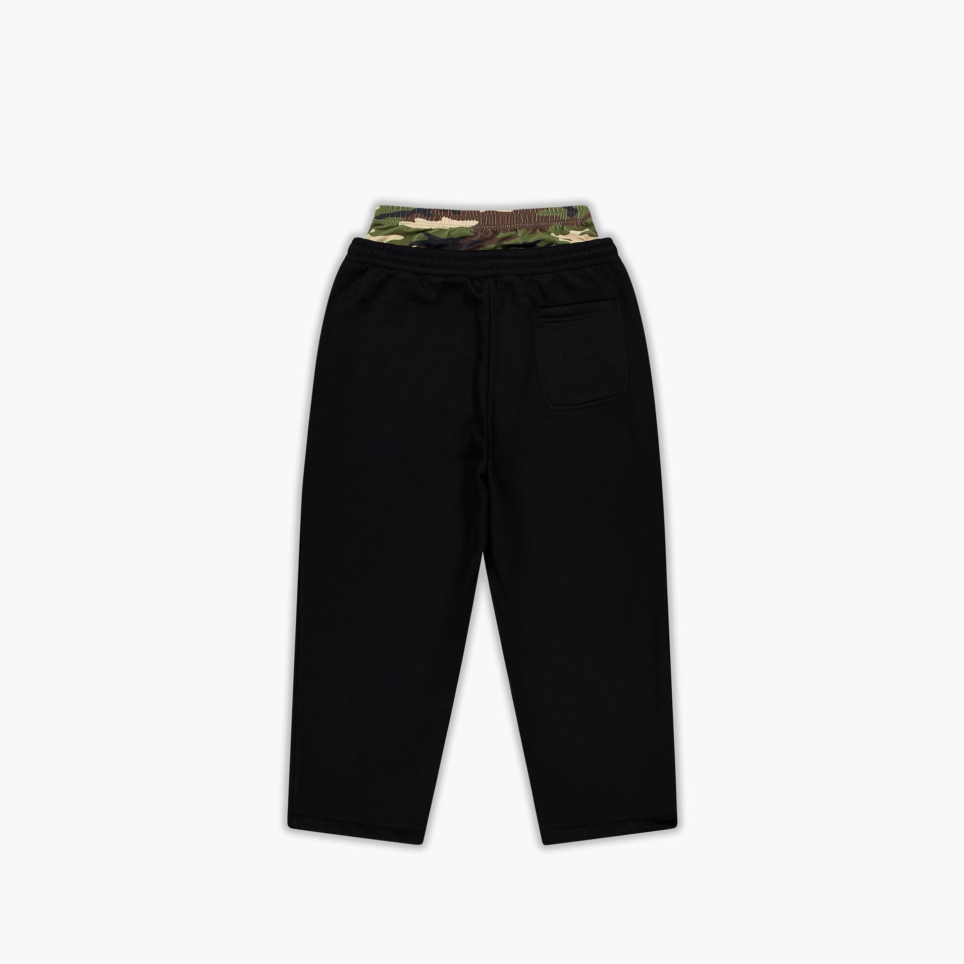 Black pants with a camouflage waistband on a white background