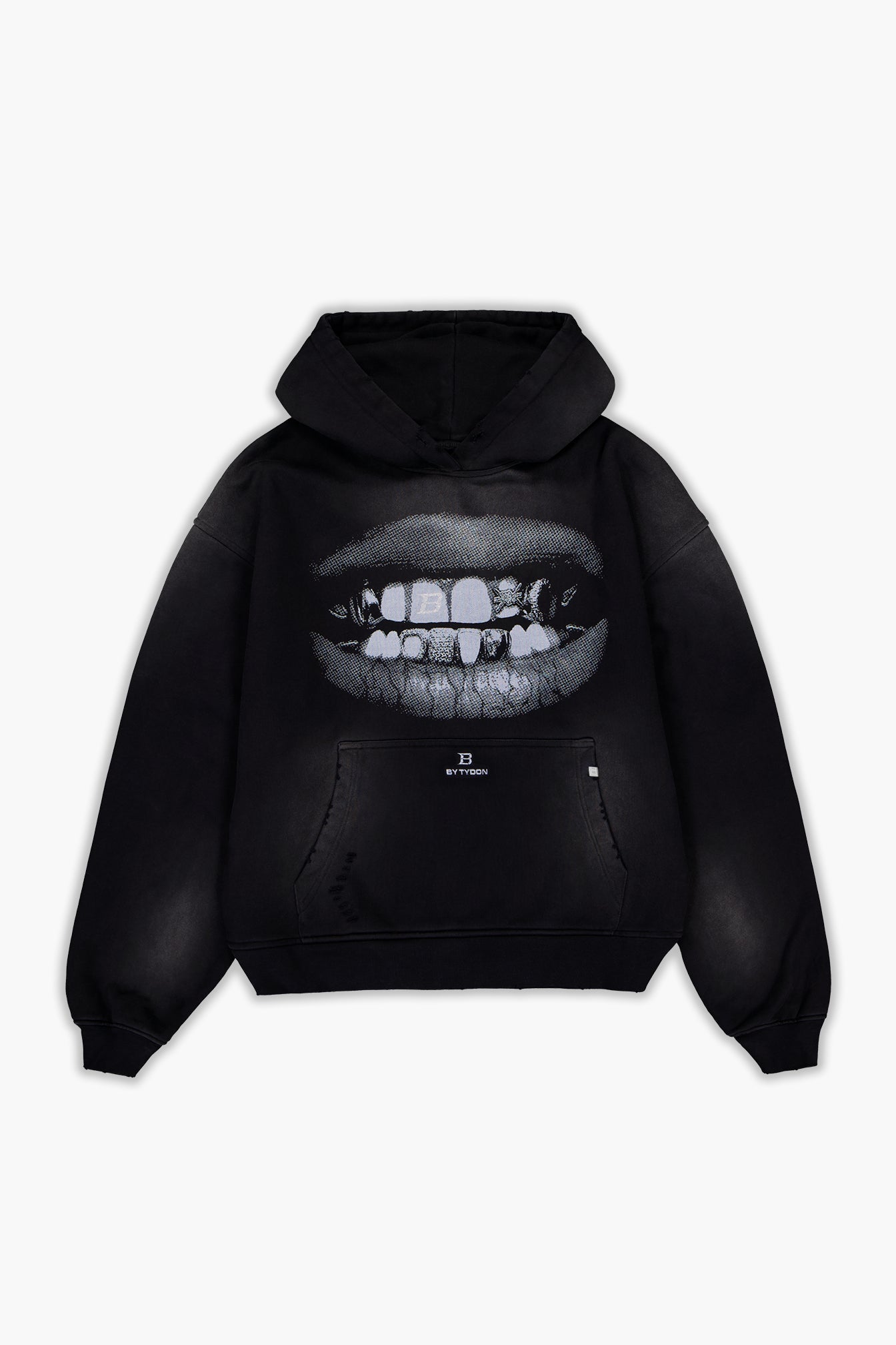 Black hoodie with a graphic of a mouth on the back against a white background