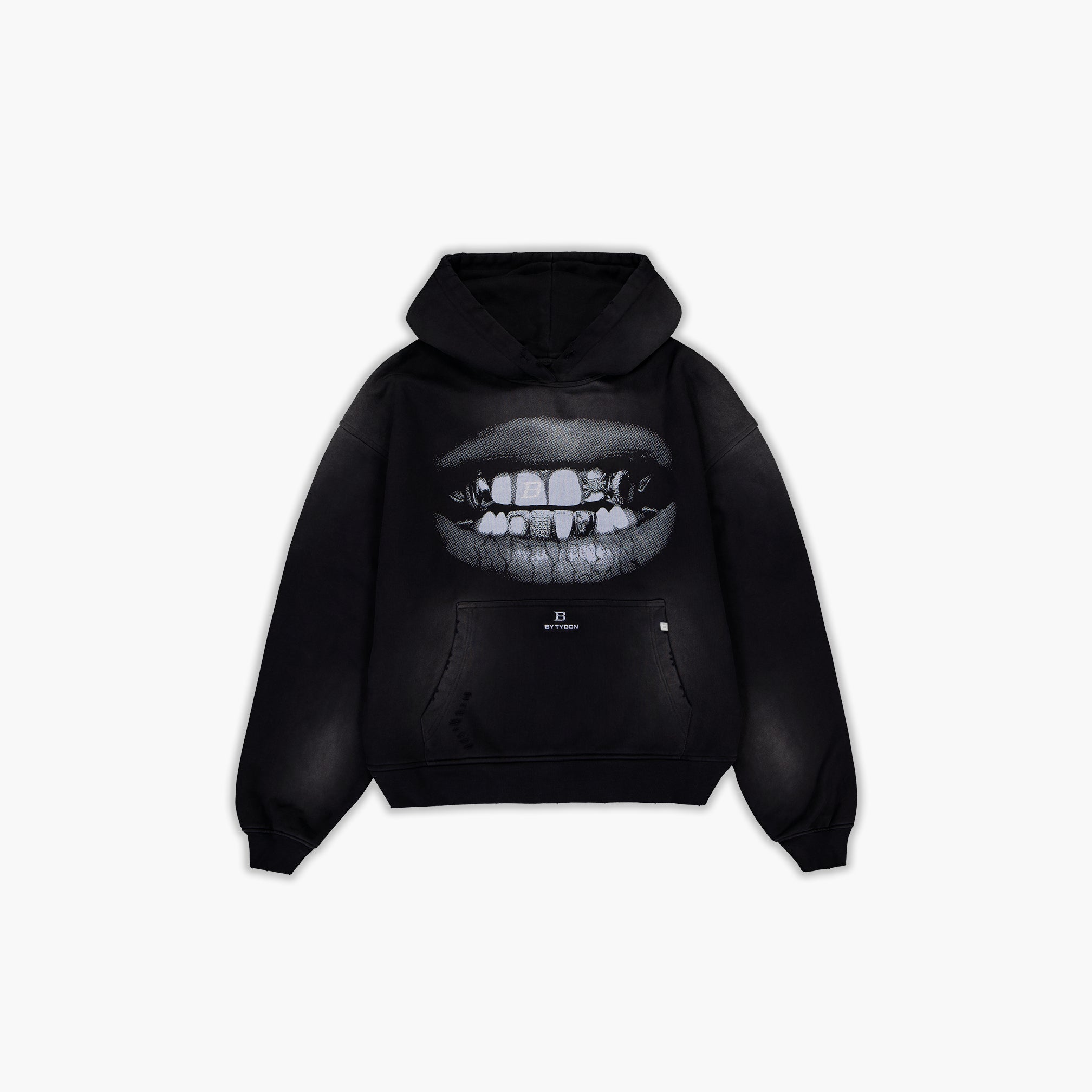 Black hoodie with a graphic of a mouth on the back against a white background