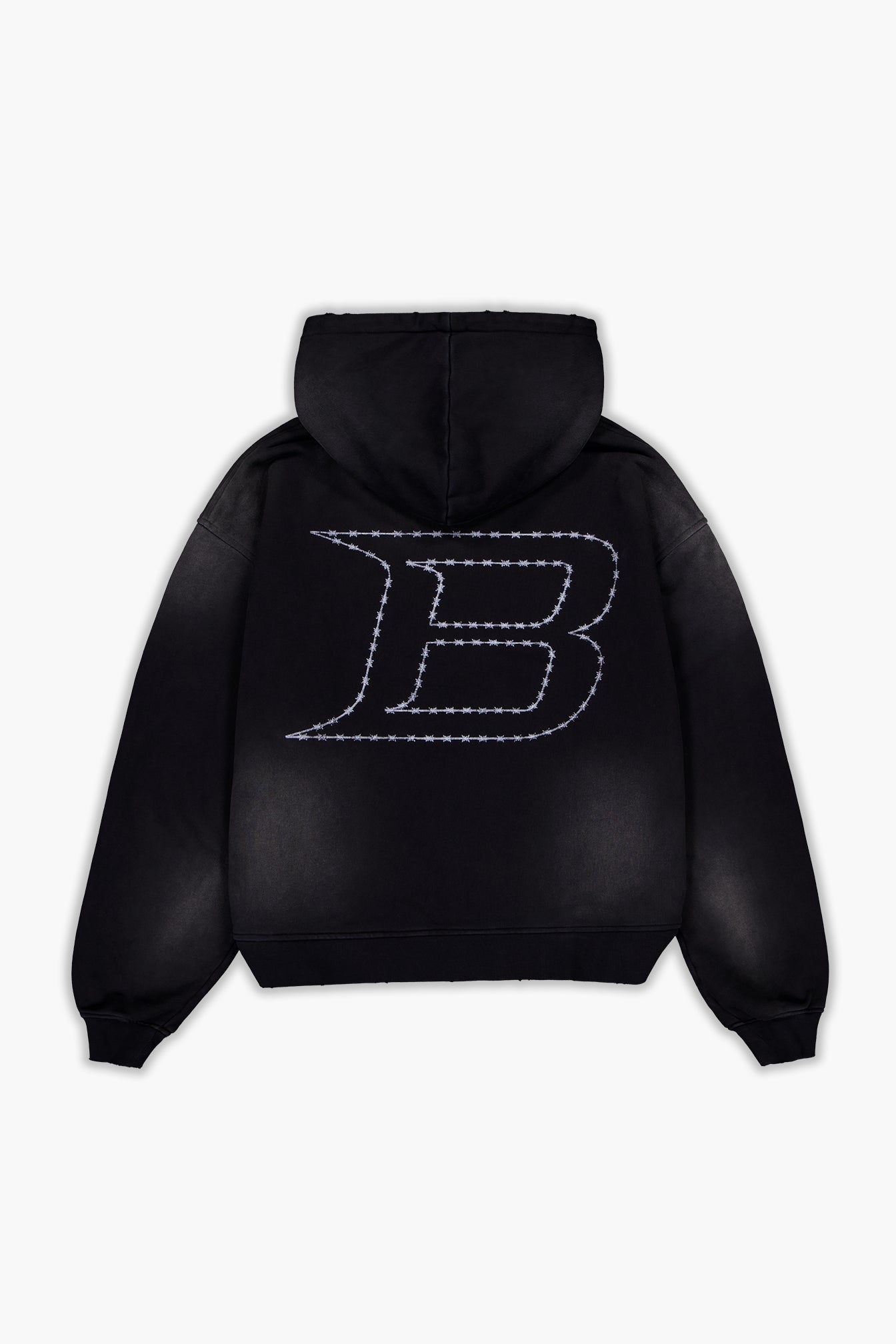 Black hoodie with a logo on the back against a white background