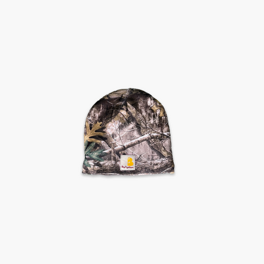Camouflage beanie with a brand logo on a white background