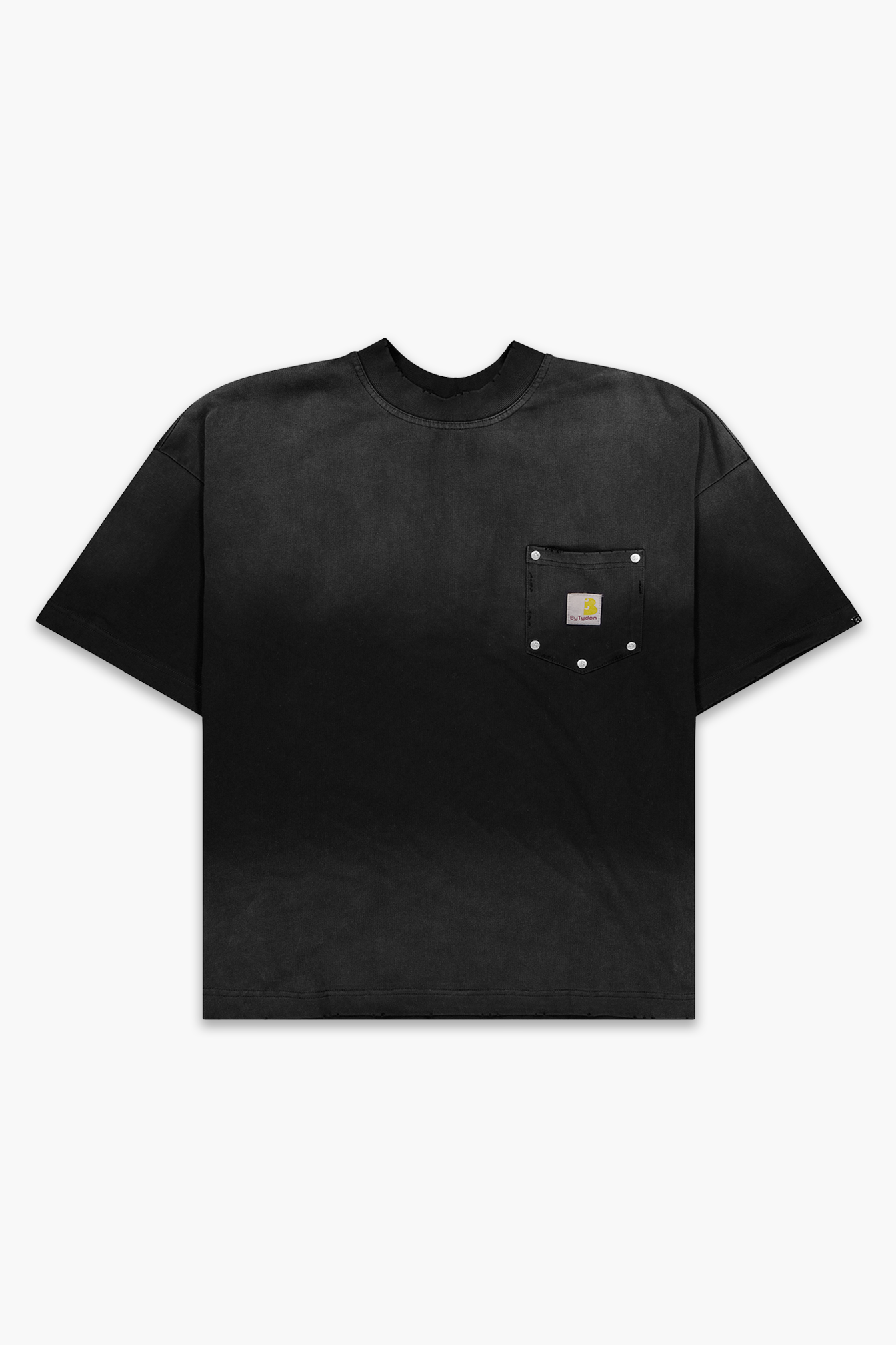 Black t-shirt with a small pocket on a white background