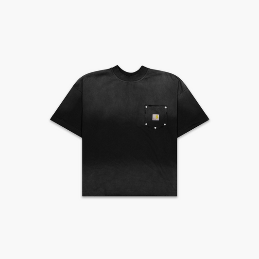 Black t-shirt with a small pocket on a white background
